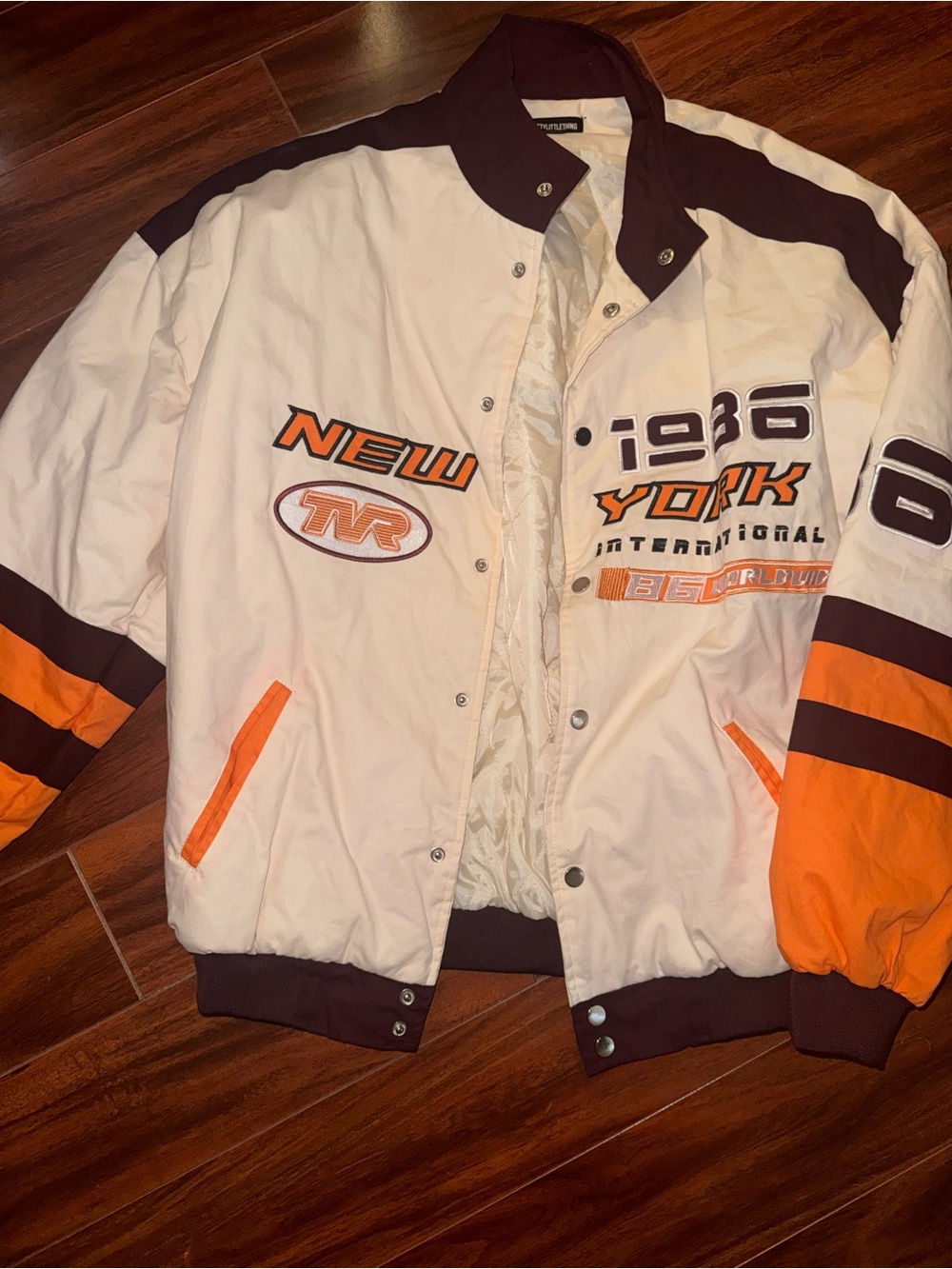 PrettyLittleThing White, Orange & Brown Racing Varsity Jacket